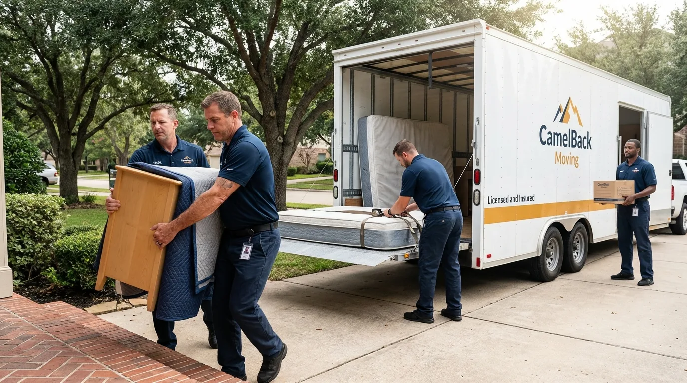 Crew loading residential truck for cross-state move from Macon, IL