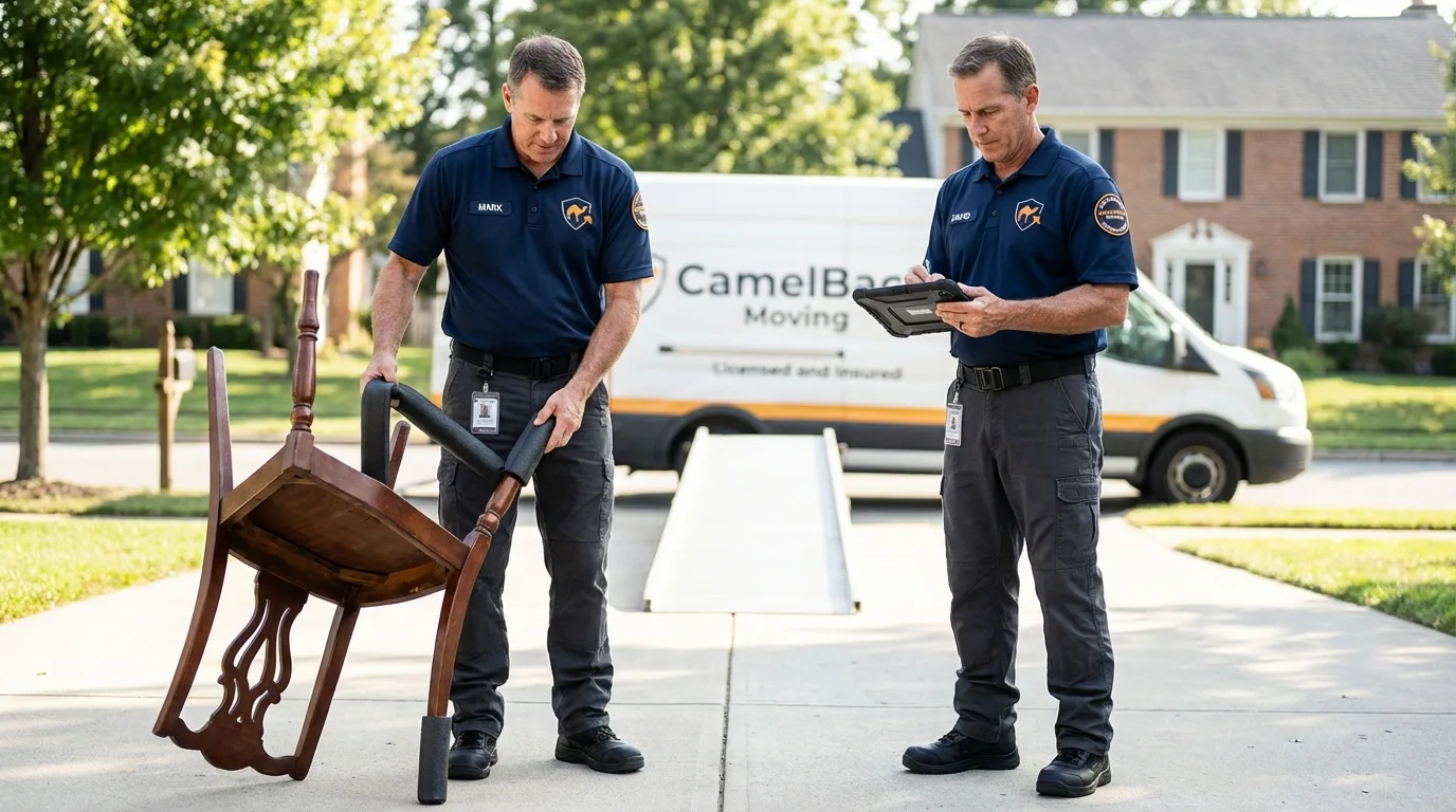 Movers inspecting furniture for damage prevention before loading in Macon, IL